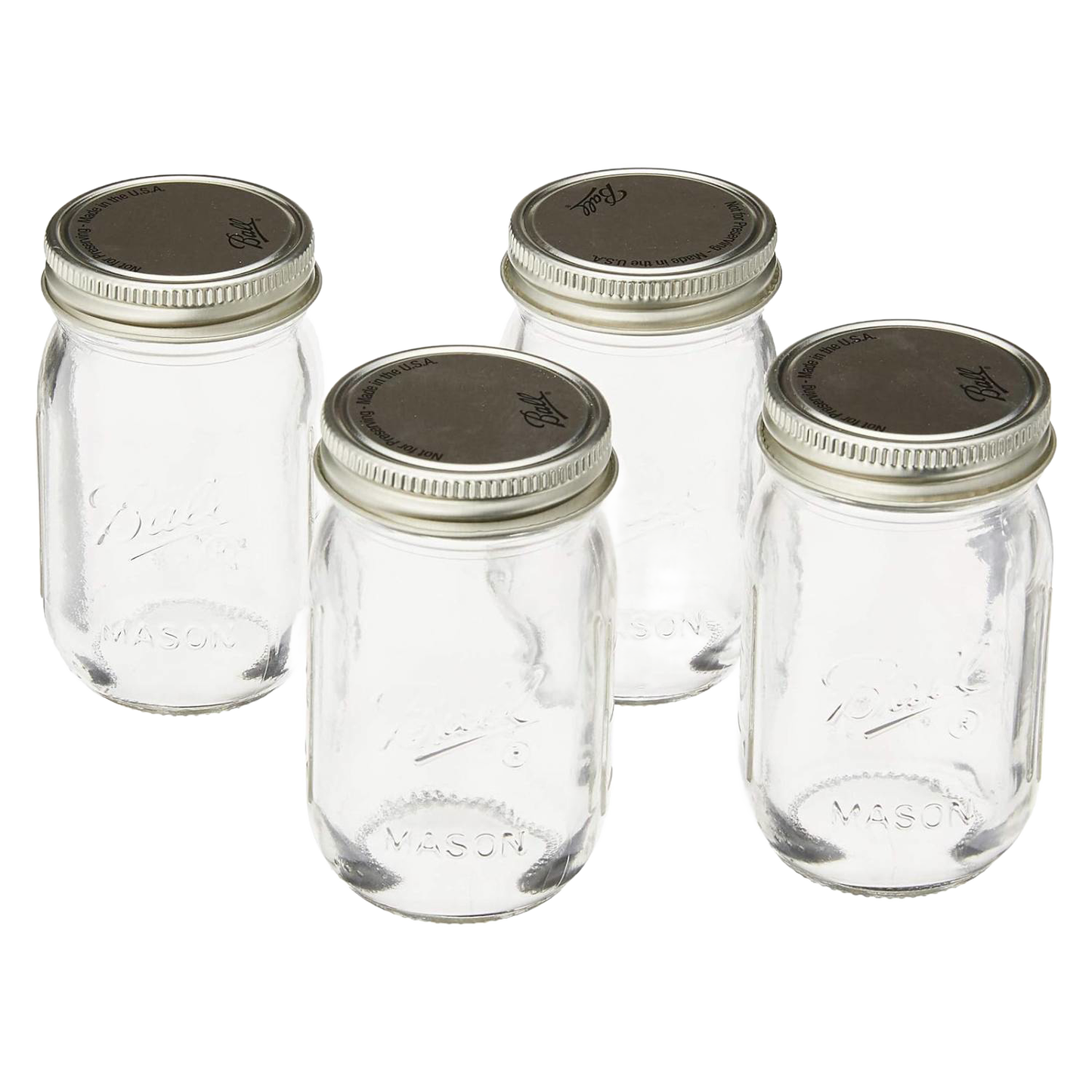 Set of four clear mini glass jars with silver metal lids, handcrafted in the USA, perfect for storage and organization in Home & Decor and Kitchen & Food collections.