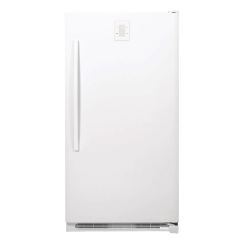 White upright freezer with minimalist vertical handle, temperature control panel, and handcrafted Amish made design, featured in USA Made and Appliances collections.