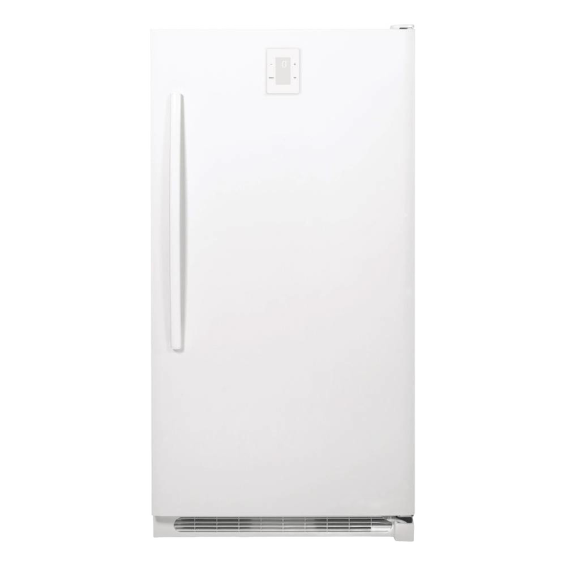 White upright freezer with minimalist vertical handle, temperature control panel, and handcrafted Amish made design, featured in USA Made and Appliances collections.