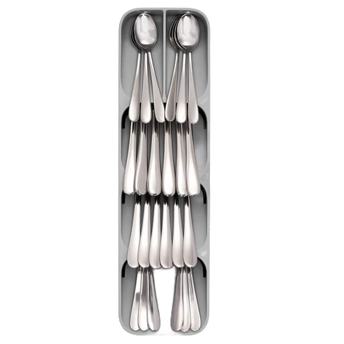 Compact cutlery organizer with angled compartments holding layered stainless steel forks, spoons, and knives, designed for space-saving kitchen storage in Kitchen & Food, Kitchen Gadgets, and Storage collections.