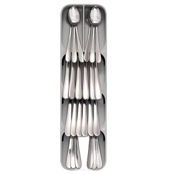 Compact cutlery organizer with angled compartments holding layered stainless steel forks, spoons, and knives, designed for space-saving kitchen storage in Kitchen & Food, Kitchen Gadgets, and Storage collections.
