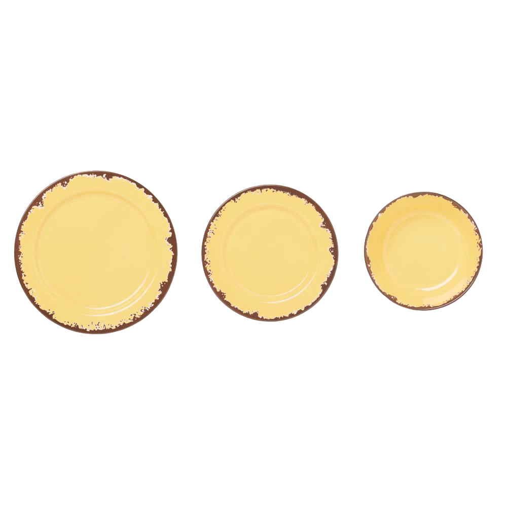 Three rustic dandelion yellow melamine dishes with distressed brown edges in dinner plate, salad plate, and bowl sizes, ideal for Kitchen & Food, Storage and Serving, Best Sellers, and Promo Eligible collections.