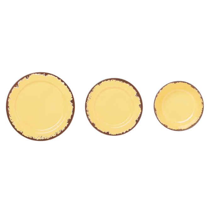 Three rustic dandelion yellow melamine dishes with distressed brown edges in dinner plate, salad plate, and bowl sizes, ideal for Kitchen & Food, Storage and Serving, Best Sellers, and Promo Eligible collections.