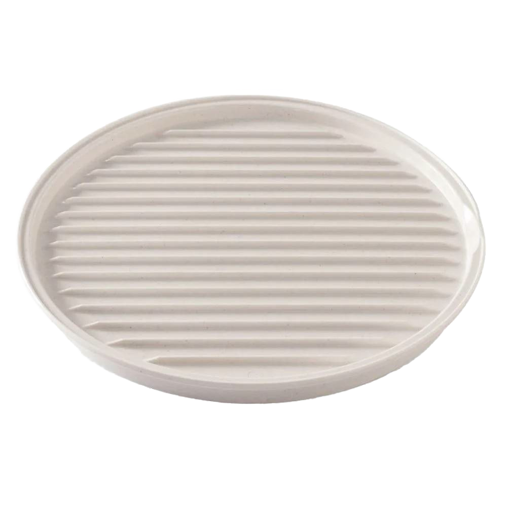Oval off-white microwaveable grill tray with ribbed surface for draining fat and a flat side for versatile heating, handcrafted and made in USA, featured in Kitchen Gadgets and Best Sellers.