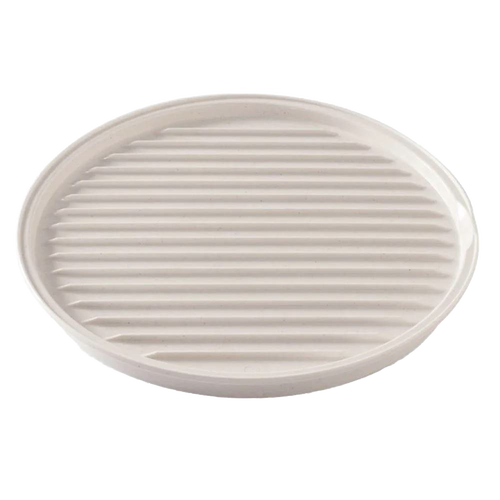 Oval off-white microwaveable grill tray with ribbed surface for draining fat and a flat side for versatile heating, handcrafted and made in USA, featured in Kitchen Gadgets and Best Sellers.
