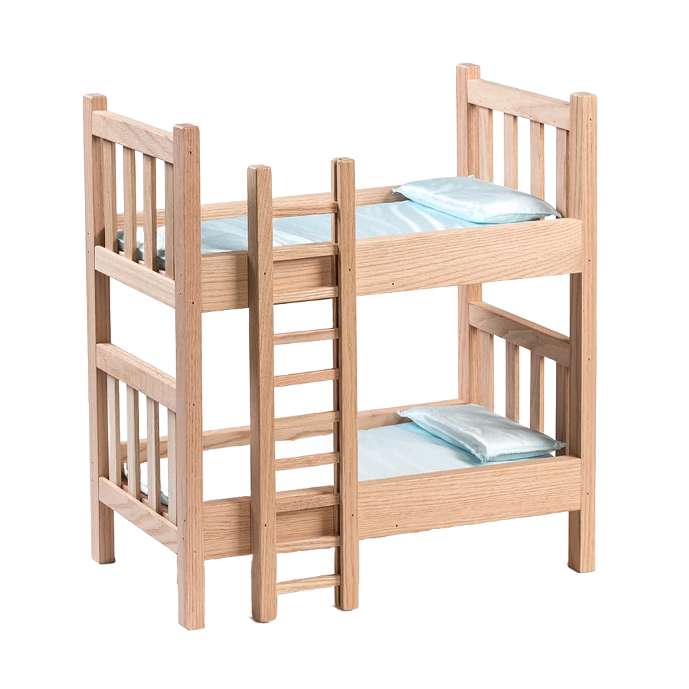 Handcrafted solid oak doll bunk beds with smooth finish and ladder, designed for 18-inch dolls, perfect for imaginative play in Toys, Books & Games, USA Made, Amish Made, Children's Toys, Dolls and Doll Accessories collections.