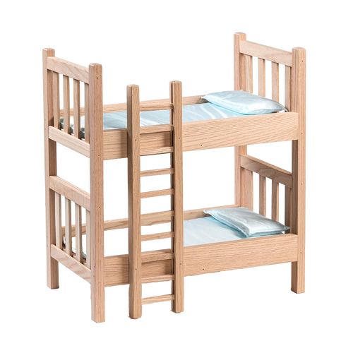 Handcrafted solid oak doll bunk beds with smooth finish and ladder, designed for 18-inch dolls, perfect for imaginative play in Toys, Books & Games, USA Made, Amish Made, Children's Toys, Dolls and Doll Accessories collections.