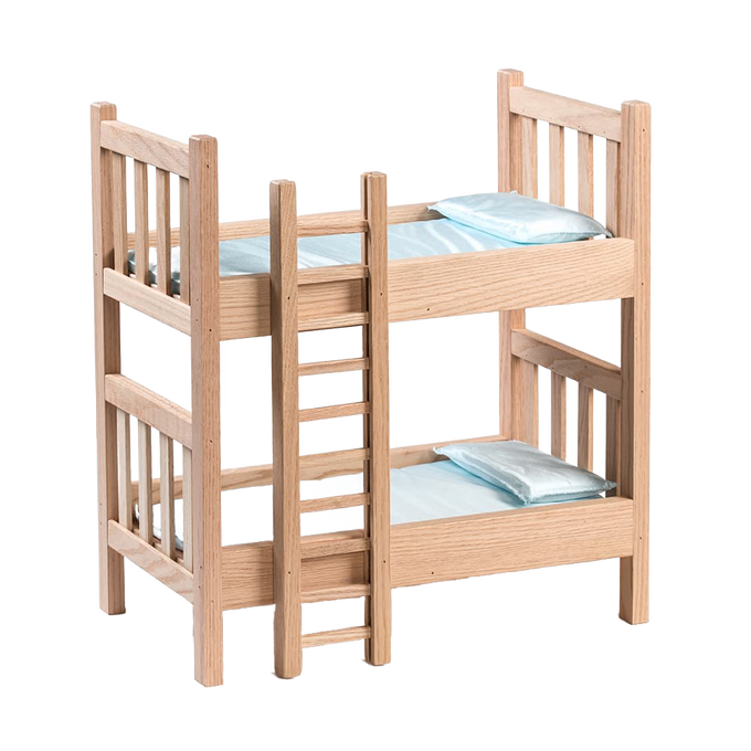 Handcrafted solid oak doll bunk beds with smooth finish and ladder, designed for 18-inch dolls, perfect for imaginative play in Toys, Books & Games, USA Made, Amish Made, Children's Toys, Dolls and Doll Accessories collections.