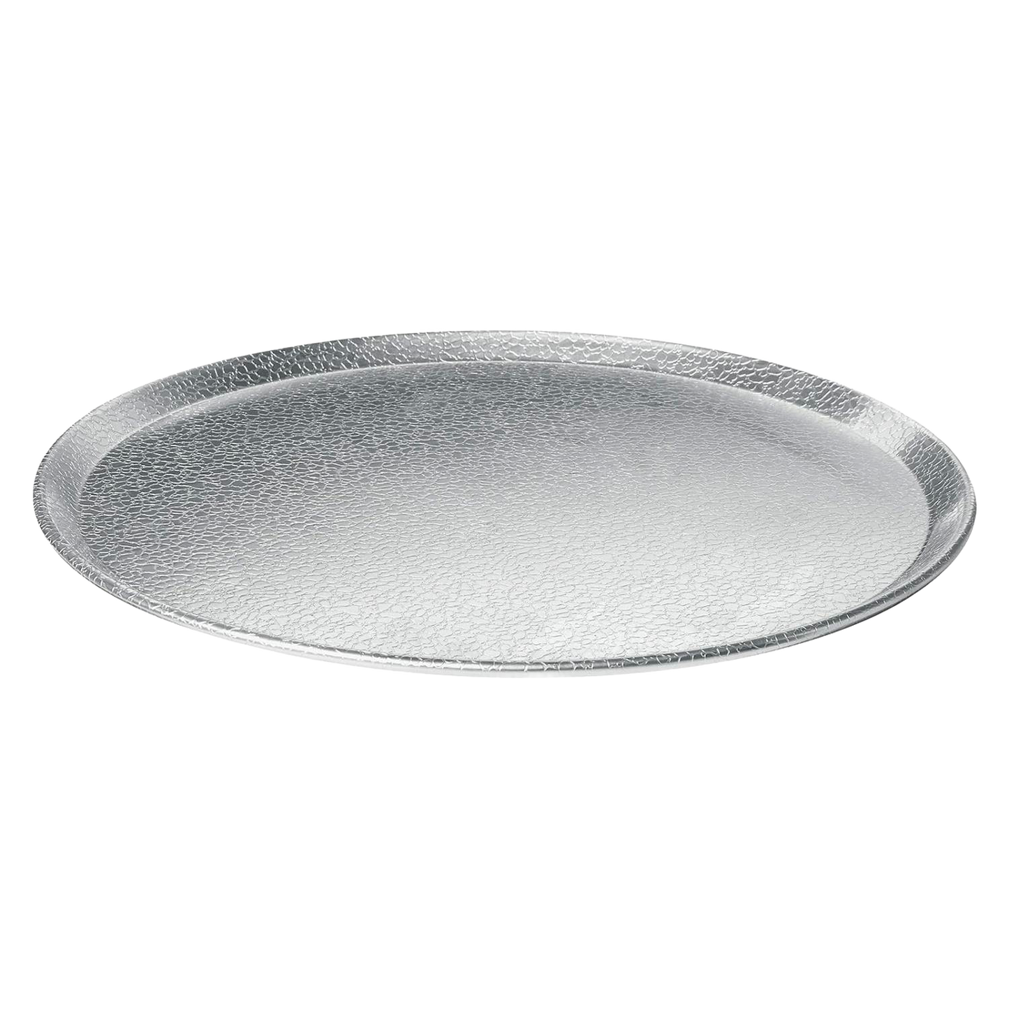 Round aluminum pizza pan with textured pebble surface for enhanced airflow, featuring reinforced edges for durability, ideal for kitchen, cookware, and best seller collections.