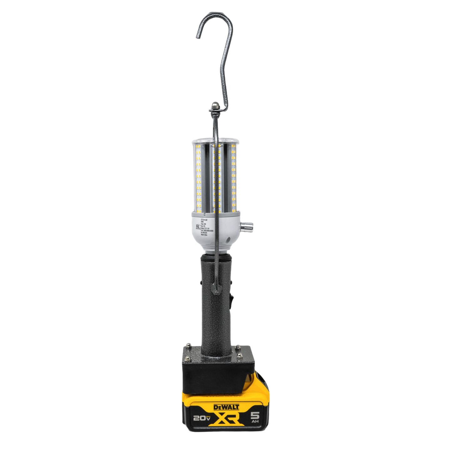 Compact portable LED lantern with hanging hook, powered by a yellow 20V battery compatible with Milwaukee and DeWalt, ideal for camping, emergency supplies, and outdoor use in Lamps & Lighting collections.