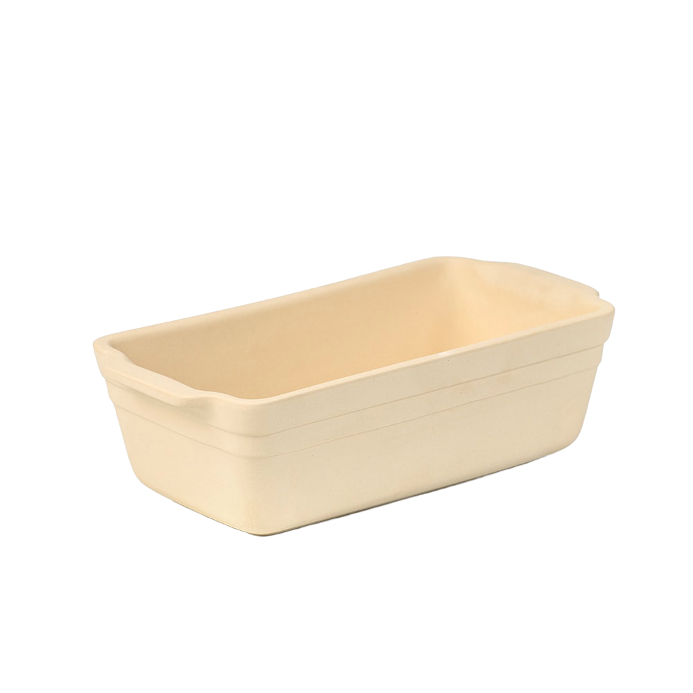 Rectangular natural stoneware loaf pan in a light beige color, showcasing a durable, handcrafted design made in the USA, ideal for Kitchen & Food and Bread Making Supplies collections.