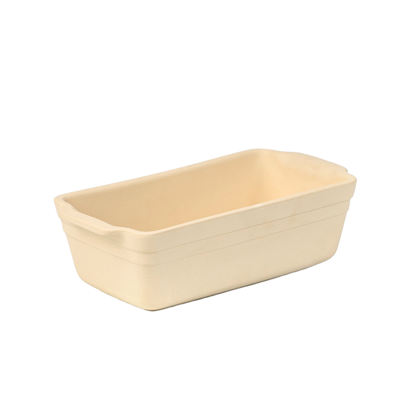 Rectangular natural stoneware loaf pan in a light beige color, showcasing a durable, handcrafted design made in the USA, ideal for Kitchen & Food and Bread Making Supplies collections.
