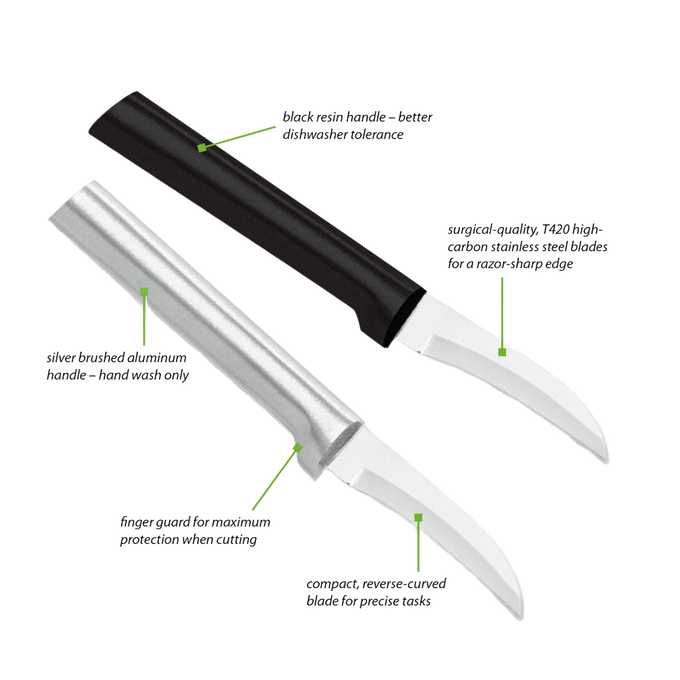 Two handcrafted Rada Granny parer knives with hand-sharpened high carbon surgical quality stainless steel blades, featuring black solid and smooth aluminum handles, made in USA, ideal for Farm, Garden & Tool, Kitchen & Food, and Knives & Axes collections.