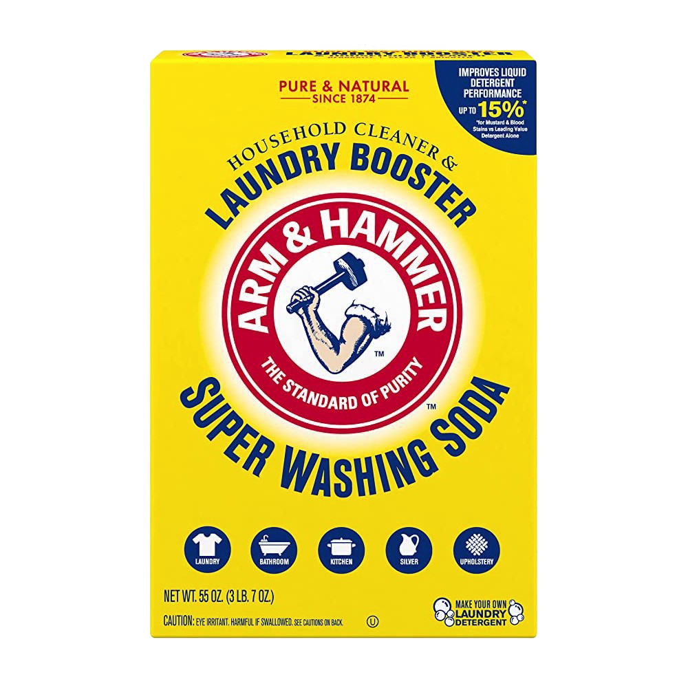 Bright yellow box of Arm & Hammer laundry booster and household cleaner, showcasing the brand’s logo and emphasizing enhanced detergent performance in Laundry Supplies and Household Cleaning collections.