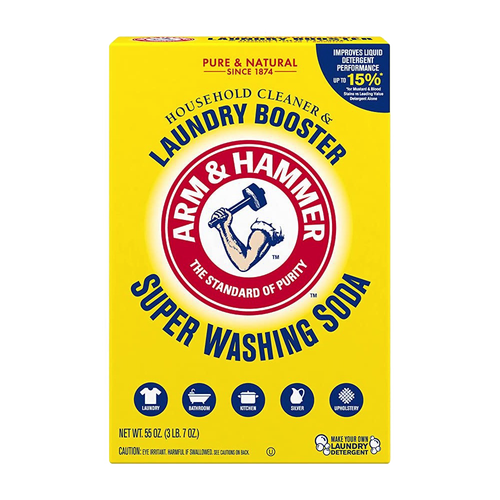 Bright yellow box of Arm & Hammer laundry booster and household cleaner, showcasing the brand’s logo and emphasizing enhanced detergent performance in Laundry Supplies and Household Cleaning collections.