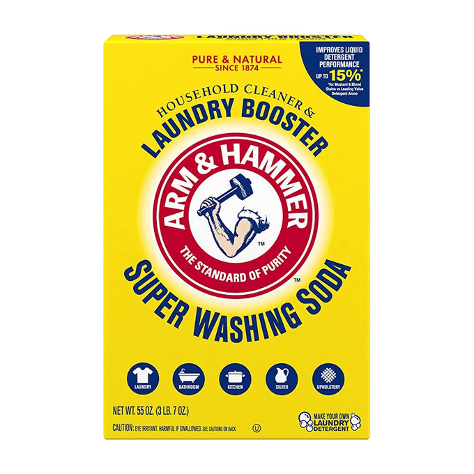 Bright yellow box of Arm & Hammer laundry booster and household cleaner, showcasing the brand’s logo and emphasizing enhanced detergent performance in Laundry Supplies and Household Cleaning collections.
