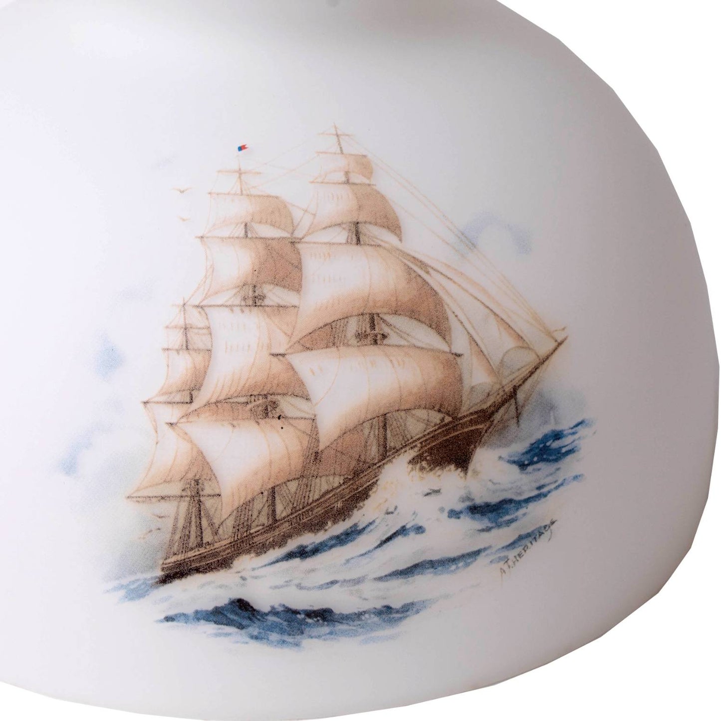 Handcrafted glass oil lamp shade featuring a detailed sailing ship design with soft browns and blues, suitable for Lamps & Lighting, Lamp Shades, Parts and Accessories, Best Sellers, and Promo Eligible collections.