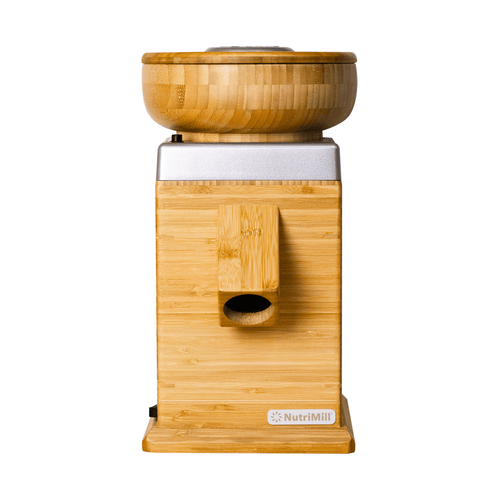 Front view of an electric grain mill with a natural bamboo finish and wooden bowl, ideal for Kitchen & Food, Grain Mills, Best Sellers, and Bread Making Supplies collections.