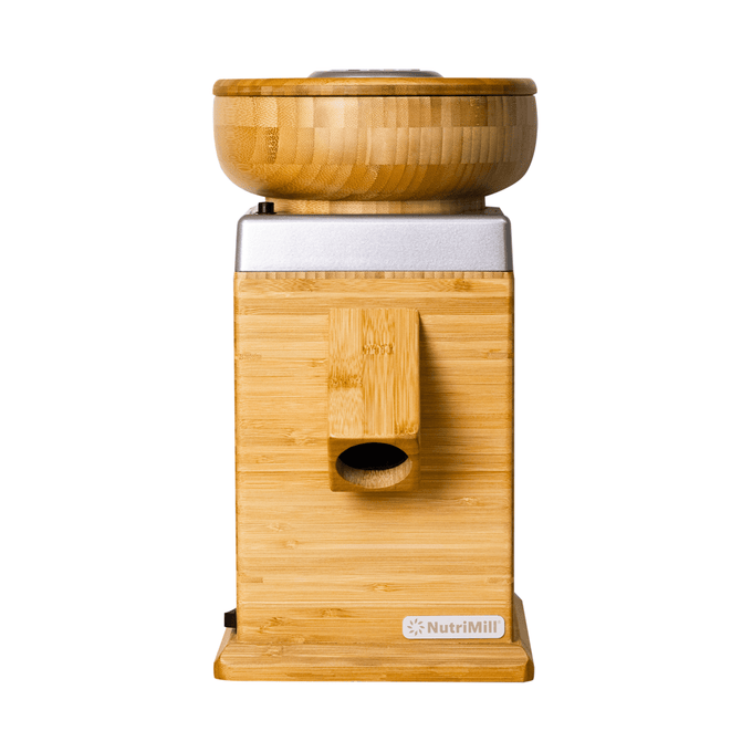 Front view of an electric grain mill with a natural bamboo finish and wooden bowl, ideal for Kitchen & Food, Grain Mills, Best Sellers, and Bread Making Supplies collections.