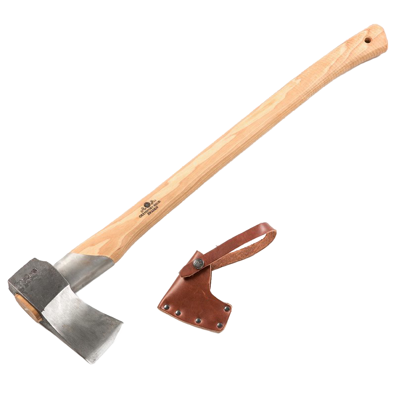 Hand-forged splitting axe with a sharp steel head and smooth wooden handle, featuring a leather blade cover, ideal for wood cutting and hauling, Farm, Garden & Tool collections.