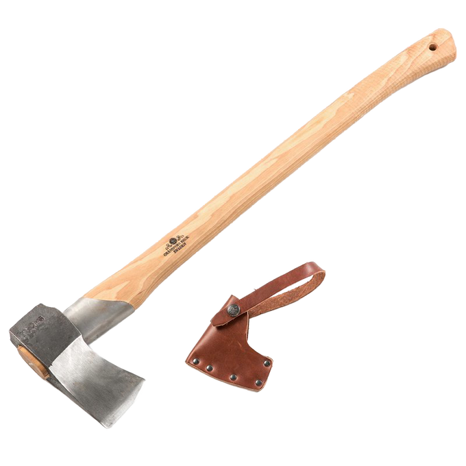 Hand-forged splitting axe with a sharp steel head and smooth wooden handle, featuring a leather blade cover, ideal for wood cutting and hauling, Farm, Garden & Tool collections.