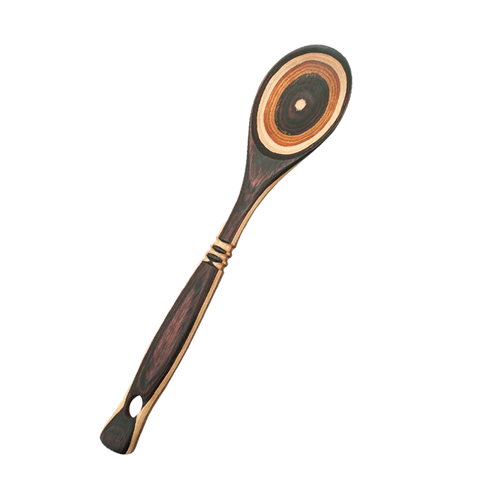 Unique handcrafted pakkawood spoon with bold concentric rings in natural and dark tones, sturdy and heat resistant, ideal for Kitchen & Food, Kitchen Gadgets, and Cooking Helpers collections.