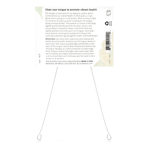 Instruction label for Uncle Harry's Tongue Cleaner with detailed usage guidelines and health benefits, promoting oral hygiene and fresh breath, featured in Health & Wellness, Grooming and Personal Hygiene, Best Sellers, and Promo Eligible collections.