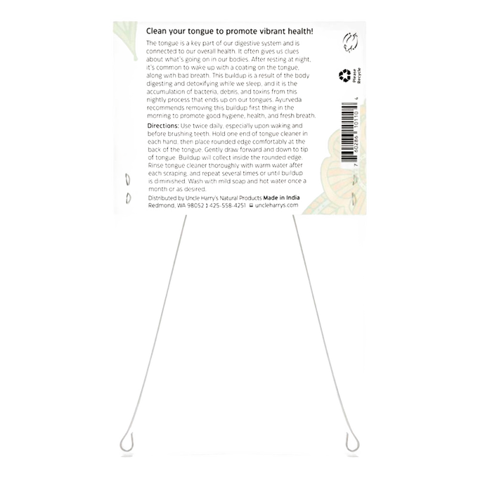 Instruction label for Uncle Harry's Tongue Cleaner with detailed usage guidelines and health benefits, promoting oral hygiene and fresh breath, featured in Health & Wellness, Grooming and Personal Hygiene, Best Sellers, and Promo Eligible collections.