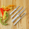 Set of three handcrafted stainless steel paring knives and one vegetable peeler with metal handles, made in USA for precise food prep in Kitchen & Food and Farm, Garden & Tool collections.