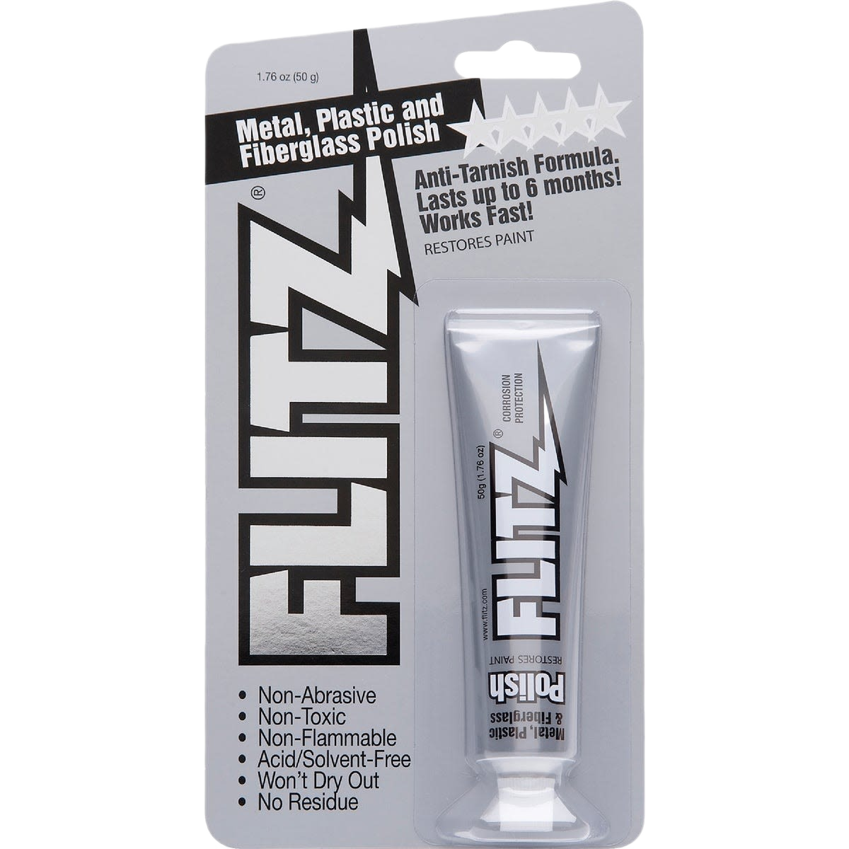 Tube of metal, plastic, and fiberglass polish with anti-tarnish formula in packaging, featuring non-abrasive, non-toxic, and non-flammable qualities, suitable for stoves and hearth accessories from USA Made collections.