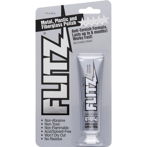 Tube of metal, plastic, and fiberglass polish with anti-tarnish formula in packaging, featuring non-abrasive, non-toxic, and non-flammable qualities, suitable for stoves and hearth accessories from USA Made collections.