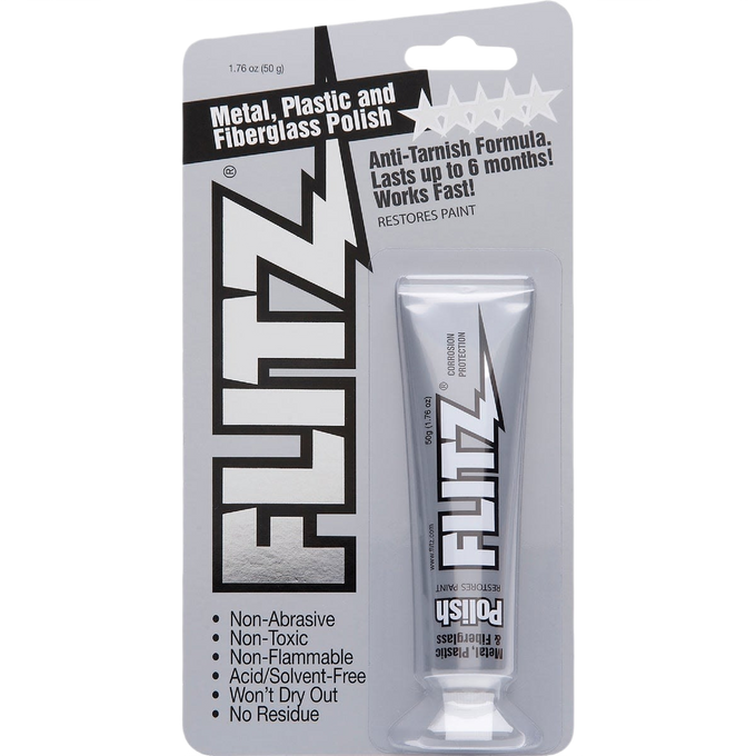 Tube of metal, plastic, and fiberglass polish with anti-tarnish formula in packaging, featuring non-abrasive, non-toxic, and non-flammable qualities, suitable for stoves and hearth accessories from USA Made collections.