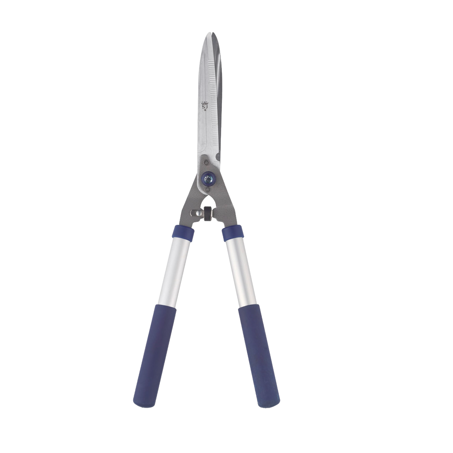 Notched hedge shears with chrome-plated hardened C50 carbon steel blades and cushioned blue handles, lightweight for pruning thicker stems, ideal for garden and farm tool collections.