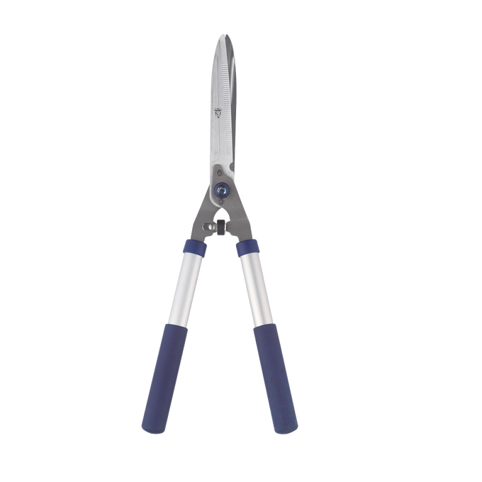 Notched hedge shears with chrome-plated hardened C50 carbon steel blades and cushioned blue handles, lightweight for pruning thicker stems, ideal for garden and farm tool collections.