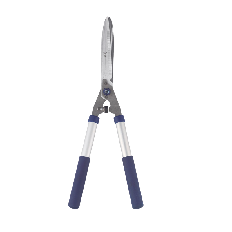 Notched hedge shears with chrome-plated hardened C50 carbon steel blades and cushioned blue handles, lightweight for pruning thicker stems, ideal for garden and farm tool collections.