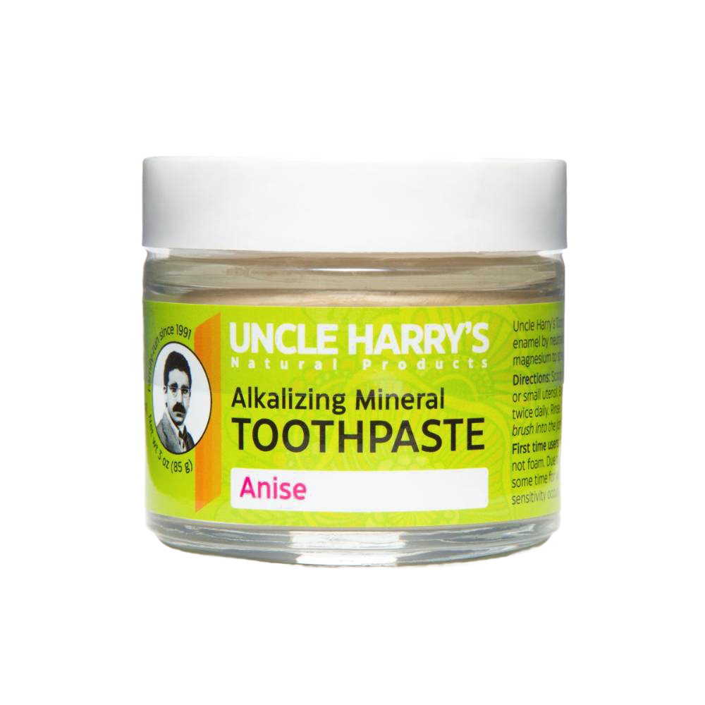 Handcrafted all-natural alkalizing mineral toothpaste in a clear glass jar with white lid and bright yellow label highlighting anise flavor, ideal for Health & Wellness, Grooming and Personal Hygiene, USA Made, and Best Sellers collections.