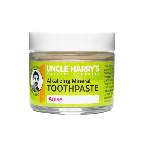 Handcrafted all-natural alkalizing mineral toothpaste in a clear glass jar with white lid and bright yellow label highlighting anise flavor, ideal for Health & Wellness, Grooming and Personal Hygiene, USA Made, and Best Sellers collections.