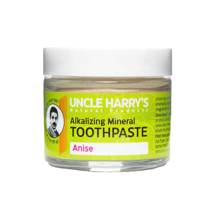 Handcrafted all-natural alkalizing mineral toothpaste in a clear glass jar with white lid and bright yellow label highlighting anise flavor, ideal for Health & Wellness, Grooming and Personal Hygiene, USA Made, and Best Sellers collections.
