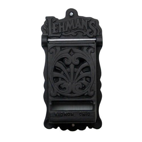 Handcrafted black cast iron wall-mounted matchbox holder featuring ornate vintage scrollwork and Lehman's branding, Amish made in USA, suited for Home & Decor and Household Helpers collections.