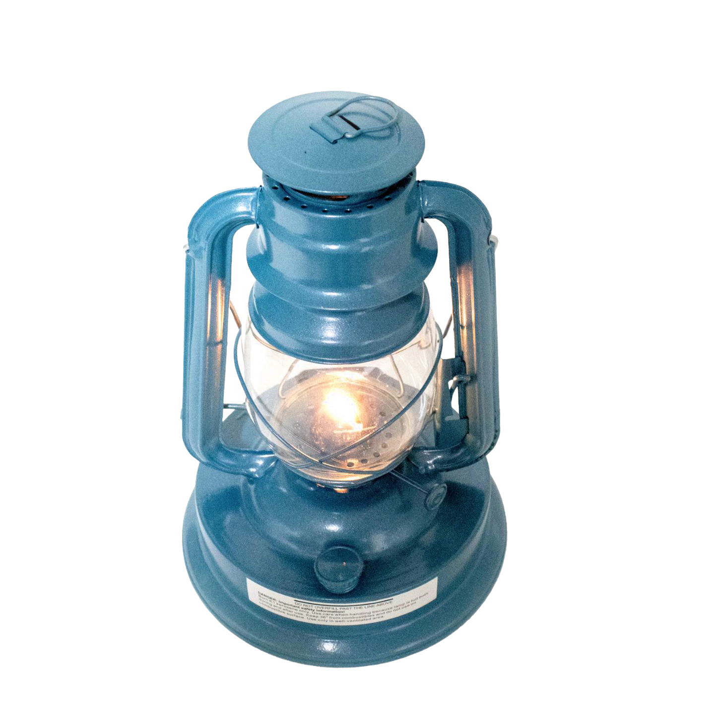 Blue handcrafted oil lantern with lit wick inside clear glass globe, designed for outdoor use in camping, farm, garden, emergency, and pest control settings.