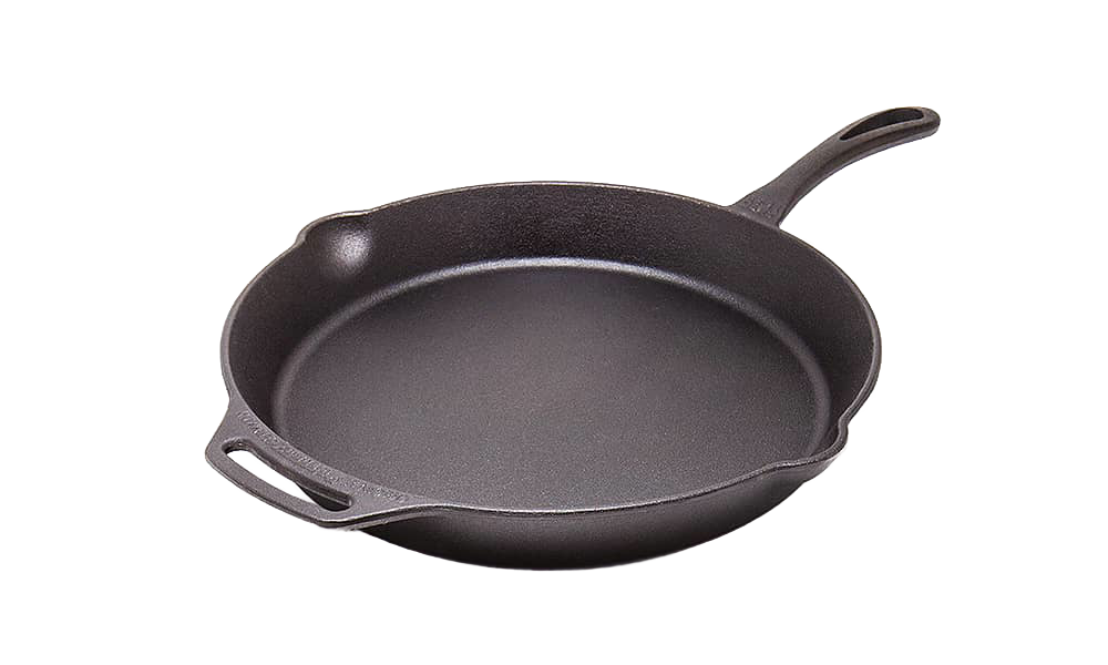 Cast iron skillet with a long handle and helper grip, designed for versatile use in camping, kitchen, and outdoor cooking, featured in Farm, Garden & Tool, Cooking, and Cast Iron collections.