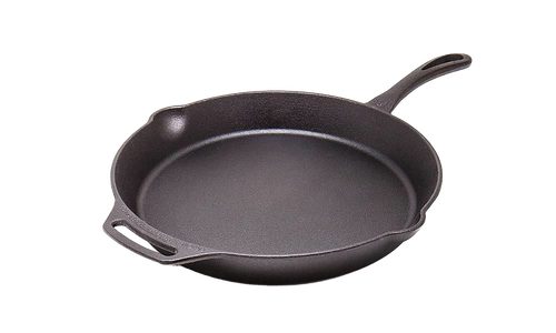 Cast iron skillet with a long handle and helper grip, designed for versatile use in camping, kitchen, and outdoor cooking, featured in Farm, Garden & Tool, Cooking, and Cast Iron collections.