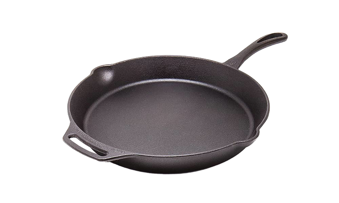 Cast iron skillet with a long handle and helper grip, designed for versatile use in camping, kitchen, and outdoor cooking, featured in Farm, Garden & Tool, Cooking, and Cast Iron collections.