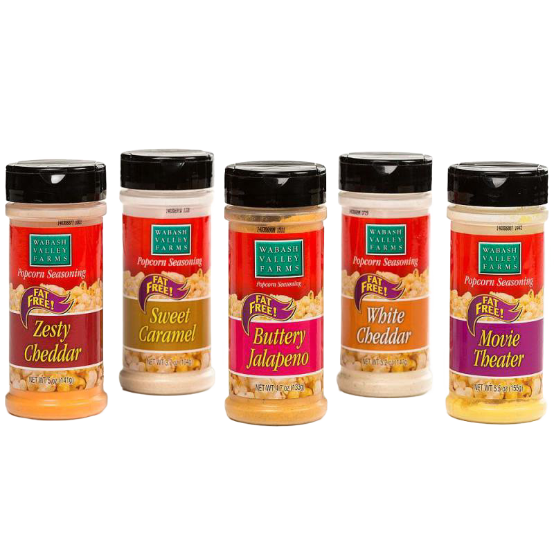 Five colorful plastic containers of fat-free popcorn seasonings in flavors including zesty cheddar, sweet caramel, buttery jalapeno, white cheddar, and movie theater, featured in Kitchen & Food, Snacks and Sweets, USA Made, Best Sellers, and Promo Eligible collections.
