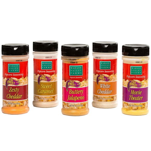 Five colorful plastic containers of fat-free popcorn seasonings in flavors including zesty cheddar, sweet caramel, buttery jalapeno, white cheddar, and movie theater, featured in Kitchen & Food, Snacks and Sweets, USA Made, Best Sellers, and Promo Eligible collections.