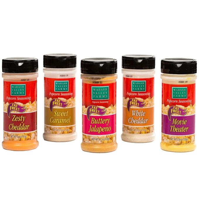 Five colorful plastic containers of fat-free popcorn seasonings in flavors including zesty cheddar, sweet caramel, buttery jalapeno, white cheddar, and movie theater, featured in Kitchen & Food, Snacks and Sweets, USA Made, Best Sellers, and Promo Eligible collections.