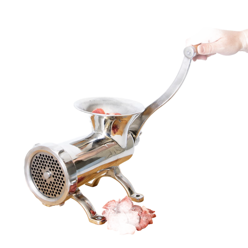 Hand turning a polished stainless steel mounted meat grinder with pre-drilled base, grinding fresh meat by hand, featured in Kitchen & Food, Specialty Equipment, and Butchering Supplies collections.