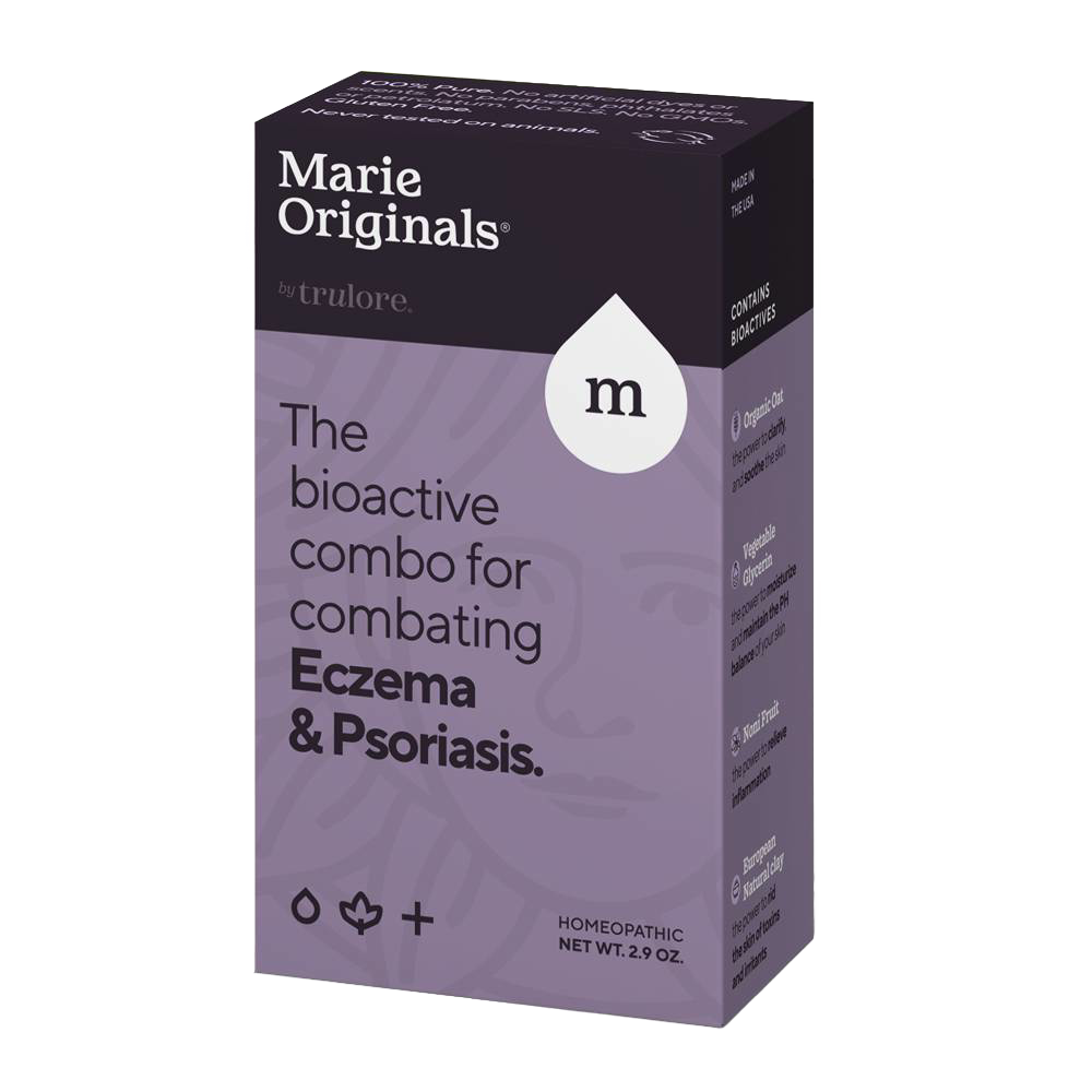 Box of Marie Originals homeopathic remedy designed to support skin health and soothe eczema and psoriasis symptoms, featured in Health & Wellness and USA Made collections.