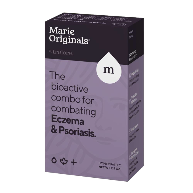 Box of Marie Originals homeopathic remedy designed to support skin health and soothe eczema and psoriasis symptoms, featured in Health & Wellness and USA Made collections.