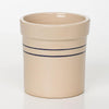 Handcrafted stoneware crock with natural finish and double blue stripes, made in USA, ideal for kitchen use, food preservation, fermenting, and pickling tasks.